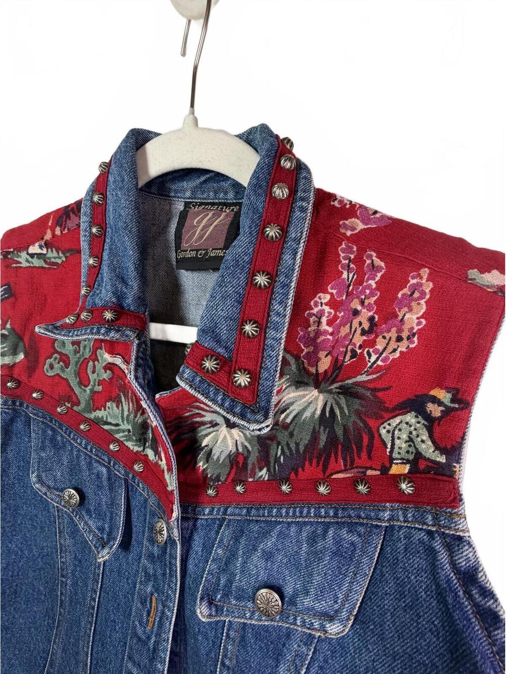 Vintage 90s Gordon & James Denim Western Vest Red Cowboy Print Size Small - Picture 3 of 7